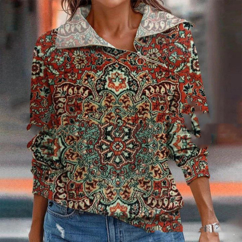 New Women's Digital Print Zippered Slanted Collar Loose Sweater