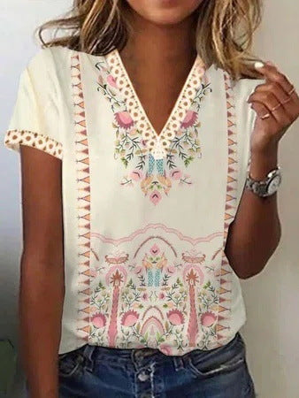 Women's Summer Casual Color Loose Sports Style 3D Printed Short Sleeve V-neck T-shirt