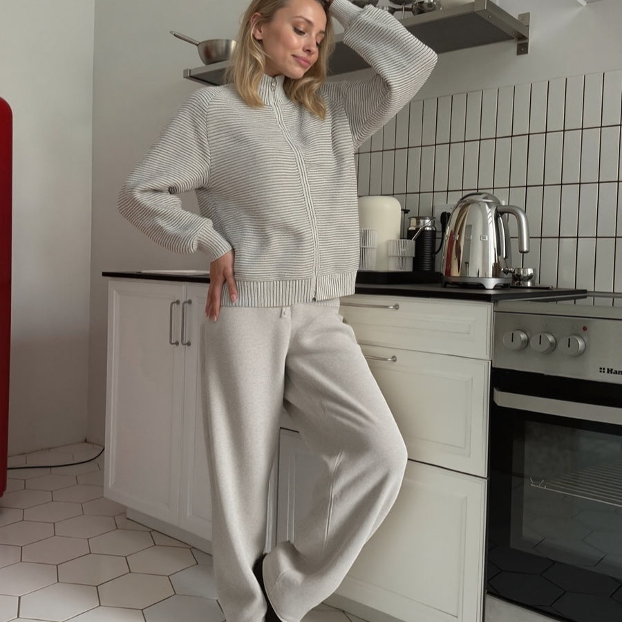Fashionable Knitted Cotton Suit Zipper Cardigan Casual Trousers
