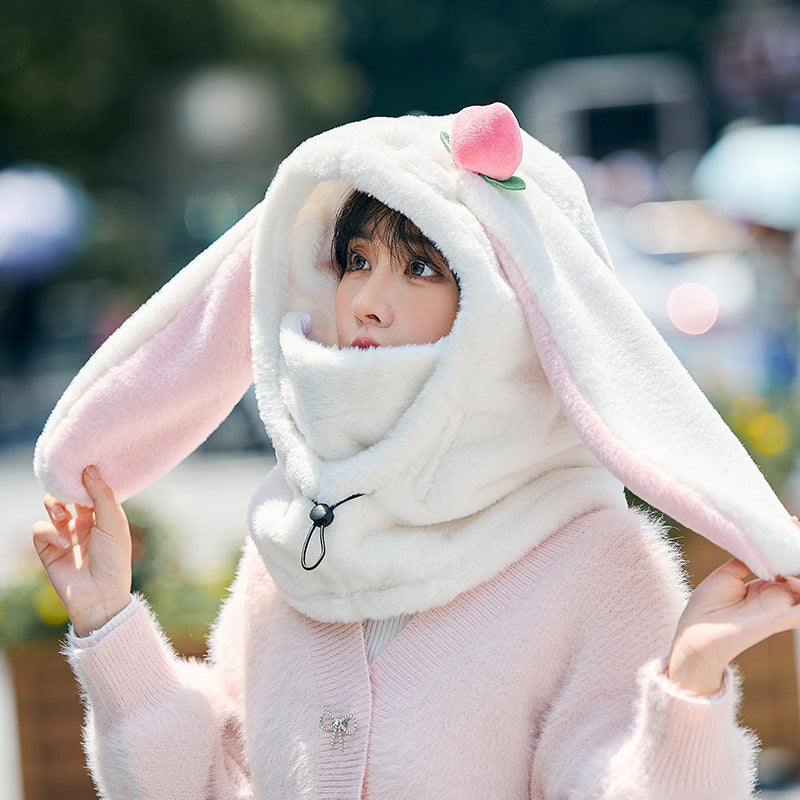 Winter Warm Peach Rabbit Mask Hat Scarf Integrated