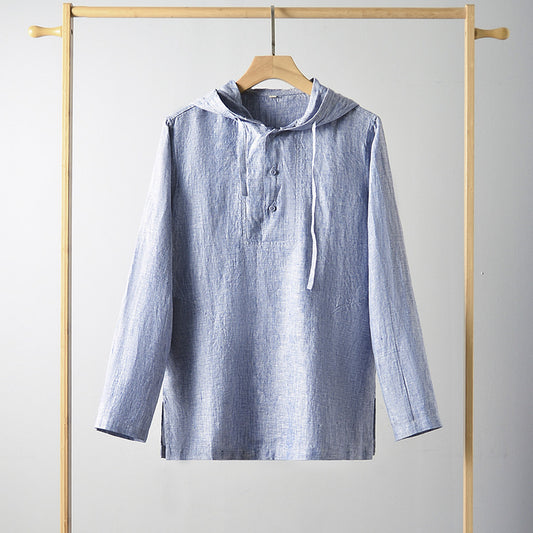 Linen Men's Loose Solid Color Hooded Casual Shirt