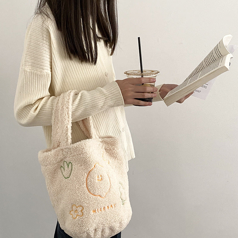 Plush Cartoon Embroidery Small Bucket Portable Handbag