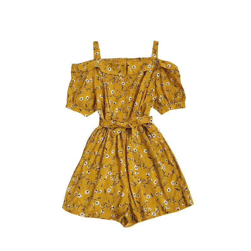Sling Daisy Print Short Sleeve High Waist Wide Leg Jumpsuit