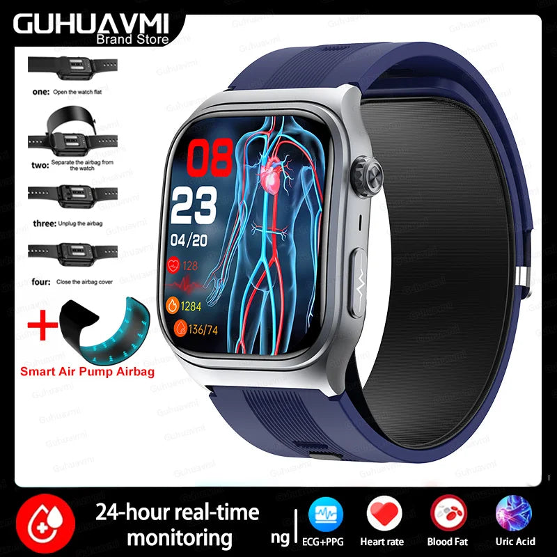 2025 New Health Monitor Smart Watch Blood Pressure Lipid Uric Acid ECG NFC Body Temperature Bluetooth Call Health Smartwatch