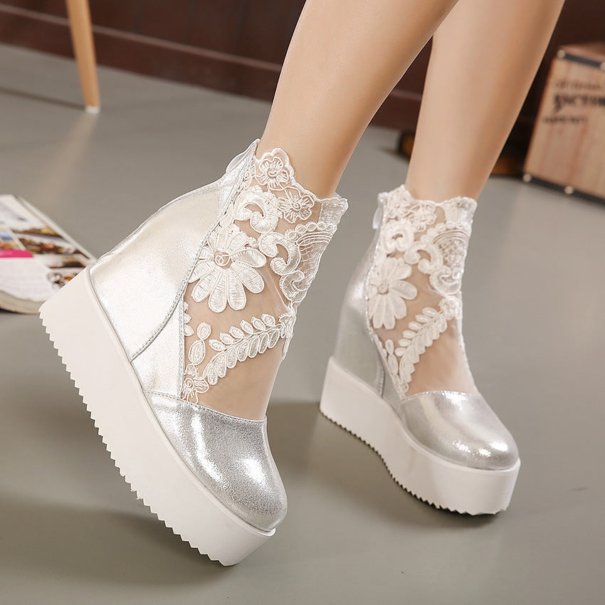Lace Hollow Inner Heightening Waterproof Platform Slope Heel Sandals