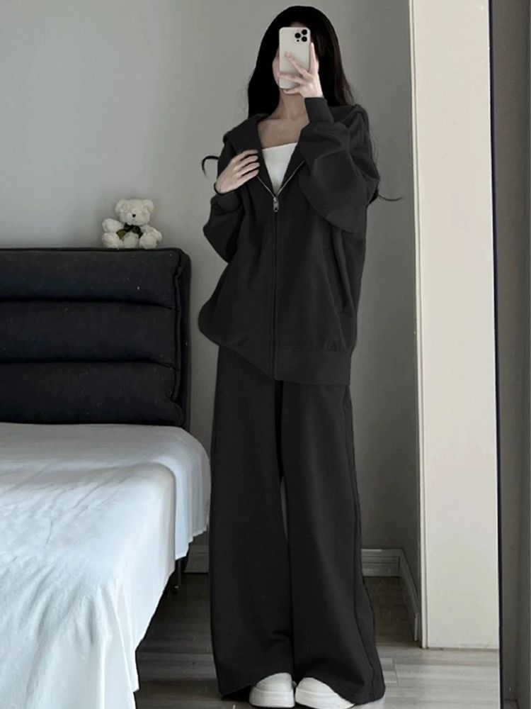 Autumn And Winter Loose Lazy Style Hooded Jacket Student Korean Version Wide-leg Pants Casual Two-piece Set