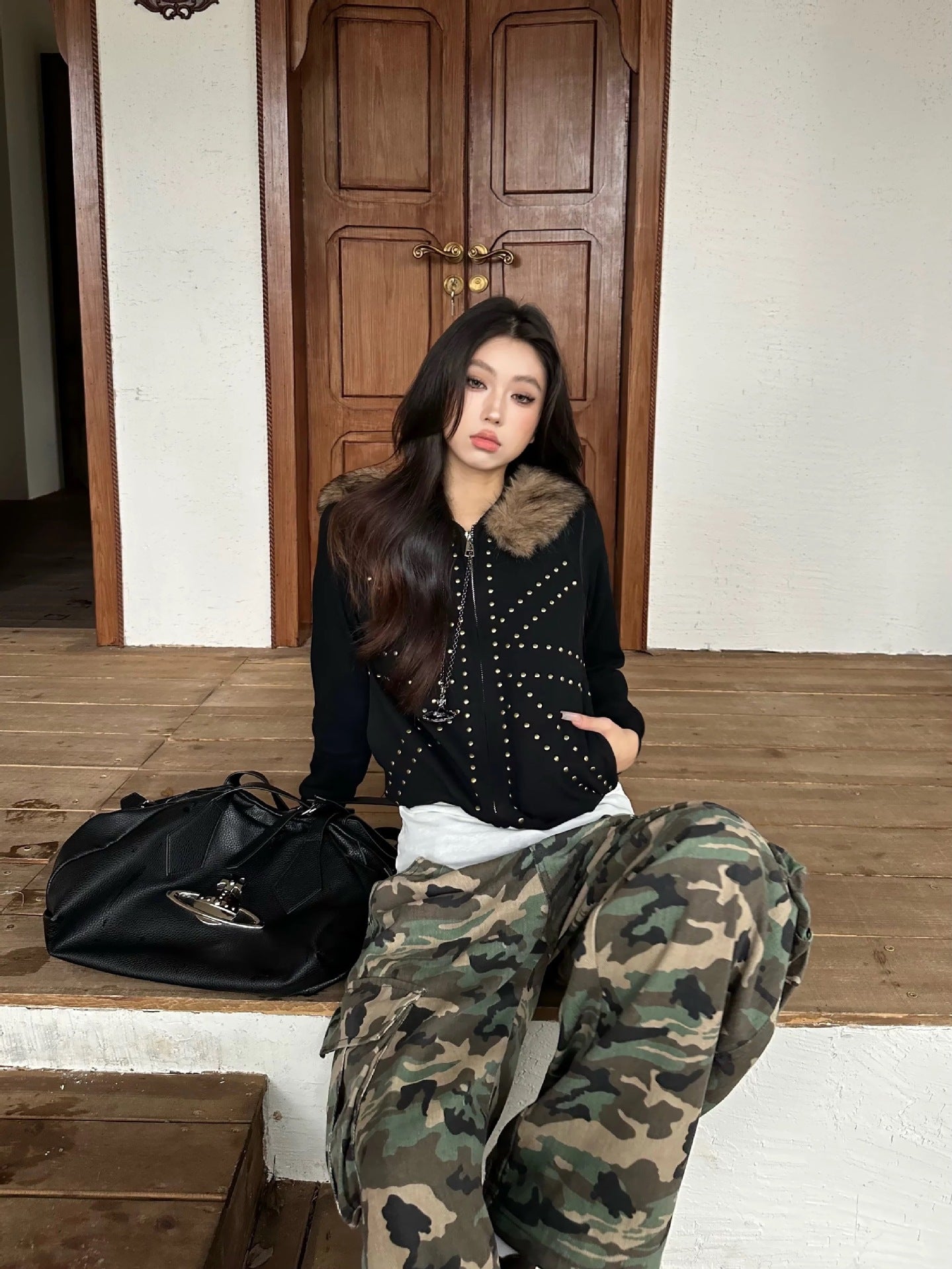 Women's Casual Loose Retro M Fur Collar Hood Bathroom Coat