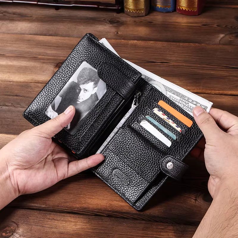 CONTACT'S Genuine Leather Men Wallet Short Trifold Casual Men'S Wallet Coin Purses Card Holders Money Clips Passport Wallet