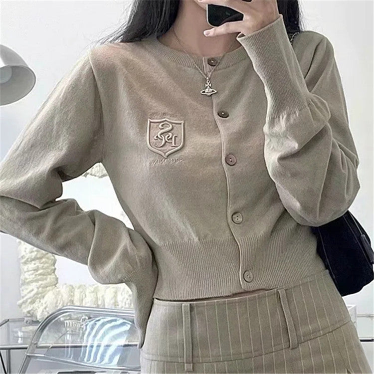British Style Letter Embroidered Cropped Knitted Sweater Coat
