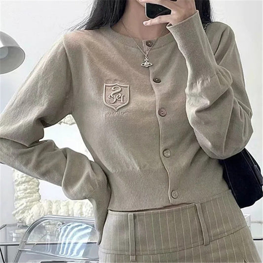 British Style Letter Embroidered Cropped Knitted Sweater Coat