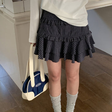Korean-style Color-block Patchwork Pleated Skirt