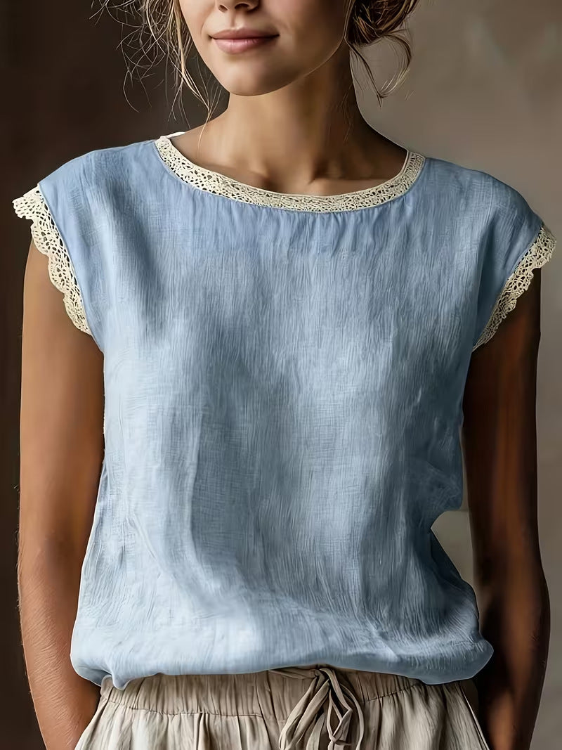 Loose Solid-Color Crew-Neck Lace Sleeveless Cotton-Linen Shirt