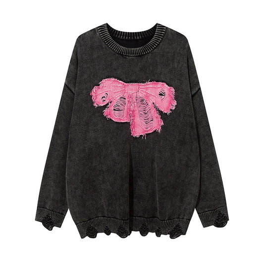 Contrast Color Paste Cloth Embroidery Bow Pullover