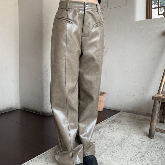Women's Autumn And Winter PU Texture Casual Pants