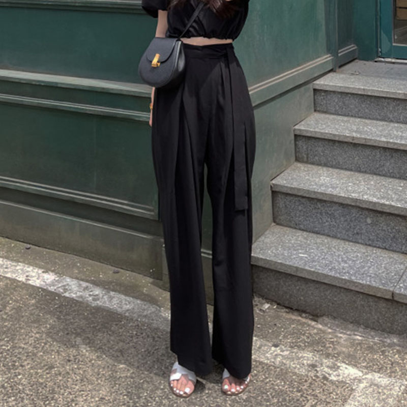 High Waist Pleated Asymmetrical Strap Design Wide Leg Draping Pants