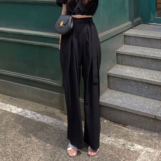 High Waist Pleated Asymmetrical Strap Design Wide Leg Draping Pants