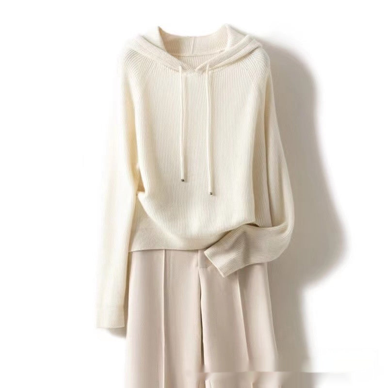 Women's Wool Knitted Hooded Sweater Pullover Stripe Loose