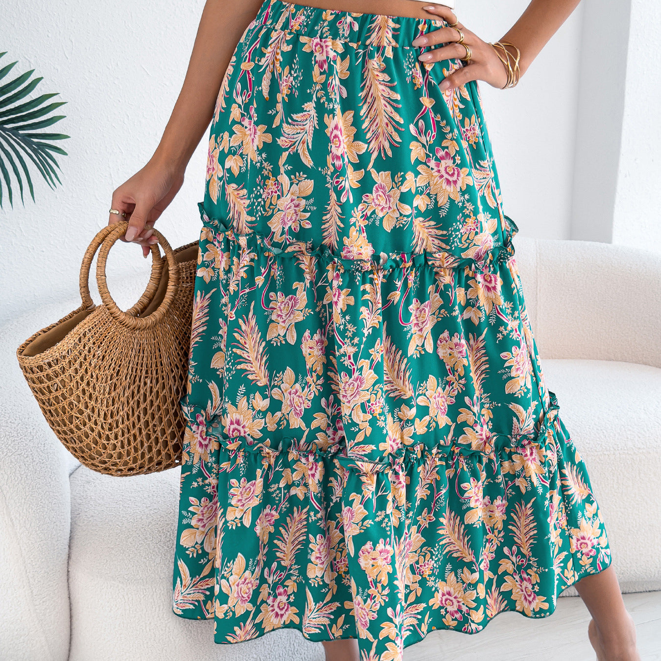 Ladies' Fashion Casual Floral Mid-length Skirt