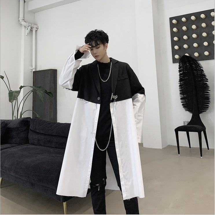 Black and white contrast color mid-length trench coat