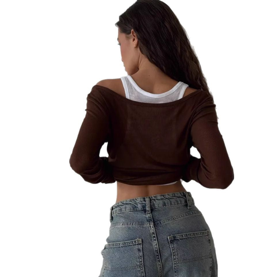 Fake Two-tone Color Long Sleeve Women's Slim-fit Short Base Shirt