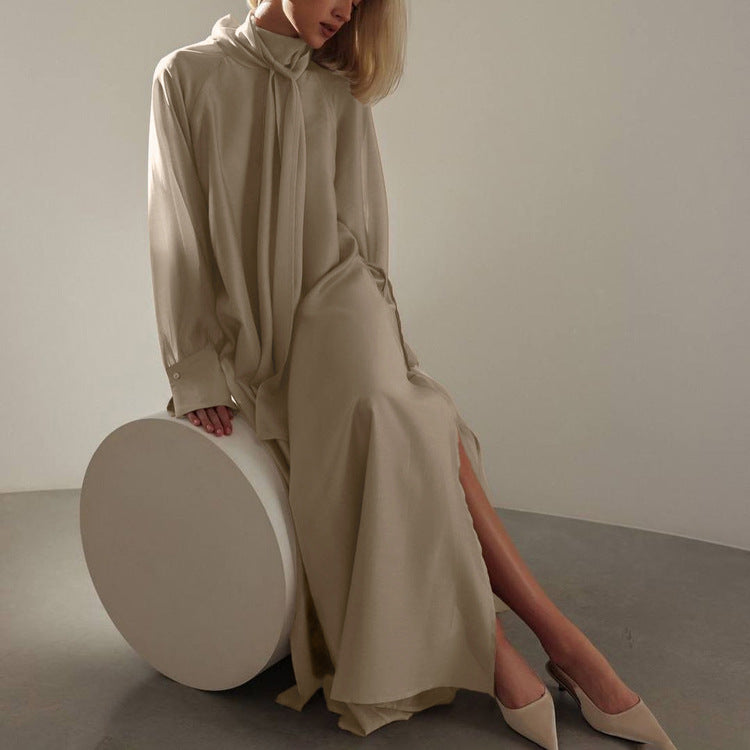 Stand-up Collar Tie-up Long Sleeve Side Slit Dress