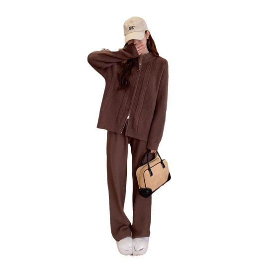 Double Zipper Sweater Set Women's Sweater Cardigan Coat Wide Leg Pants