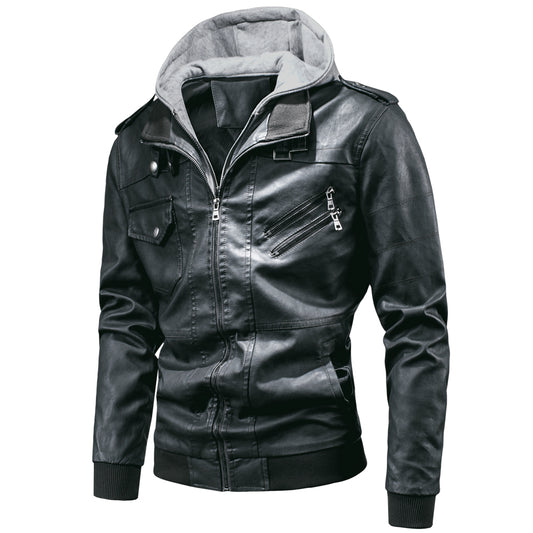 Men's detachable hooded pu leather jacket