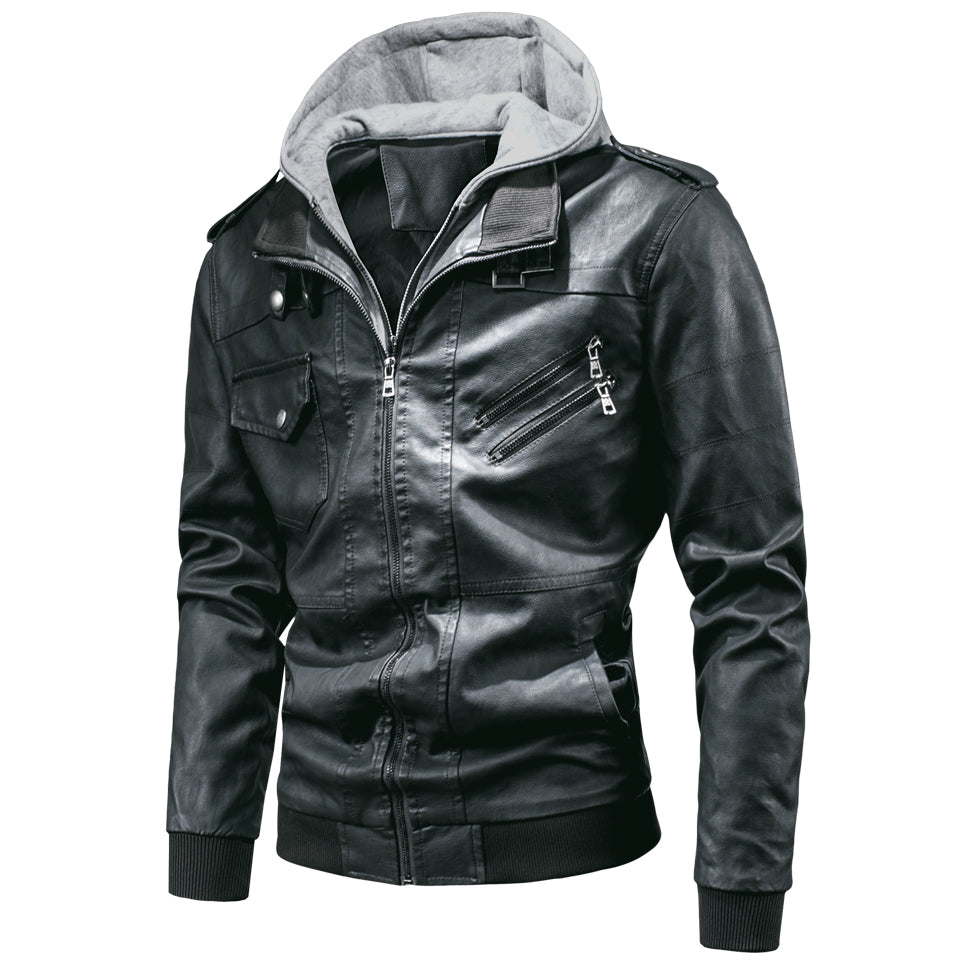 Men's detachable hooded pu leather jacket