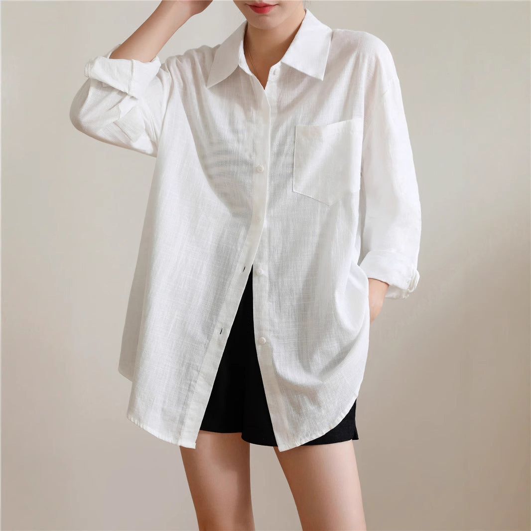 Sunscreen Cardigan Summer Thin Loose French-style Cotton-Linen White Shirt