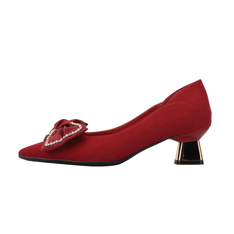 Women's Pointed Toe Chunky Heel Shoes With Rhinestone Bow High Heels