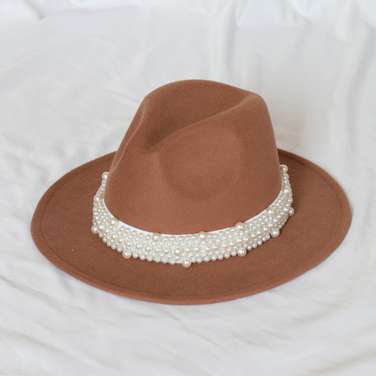 Handmade Pearl Top Hat Big Brim Fur Felt Hat