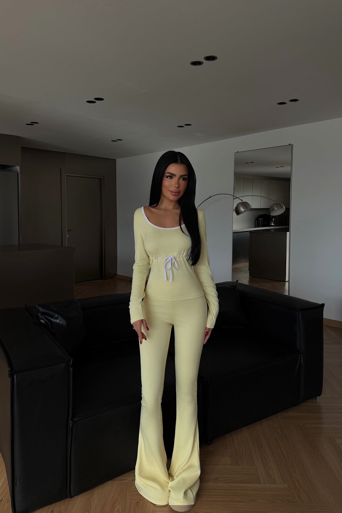 Long-sleeve Drawstring Top And Floor-length Pants Two-piece Set