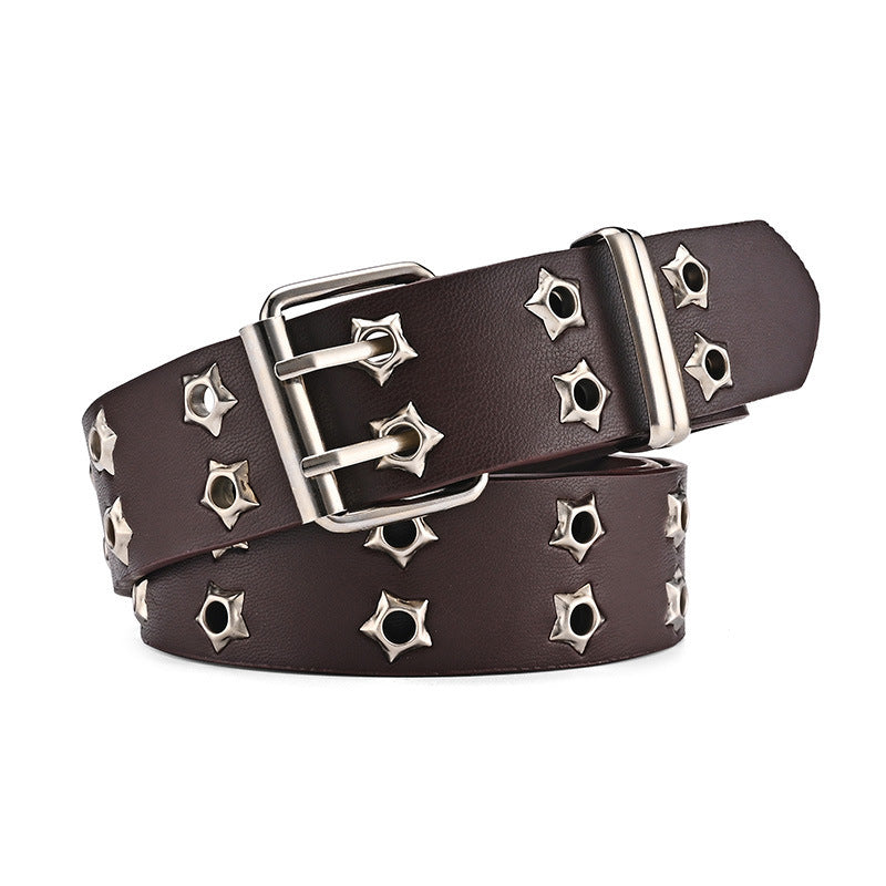 Double-Row Eyelet Belt With Hollowed-Out Design Casual Punk Leather Belt For Women