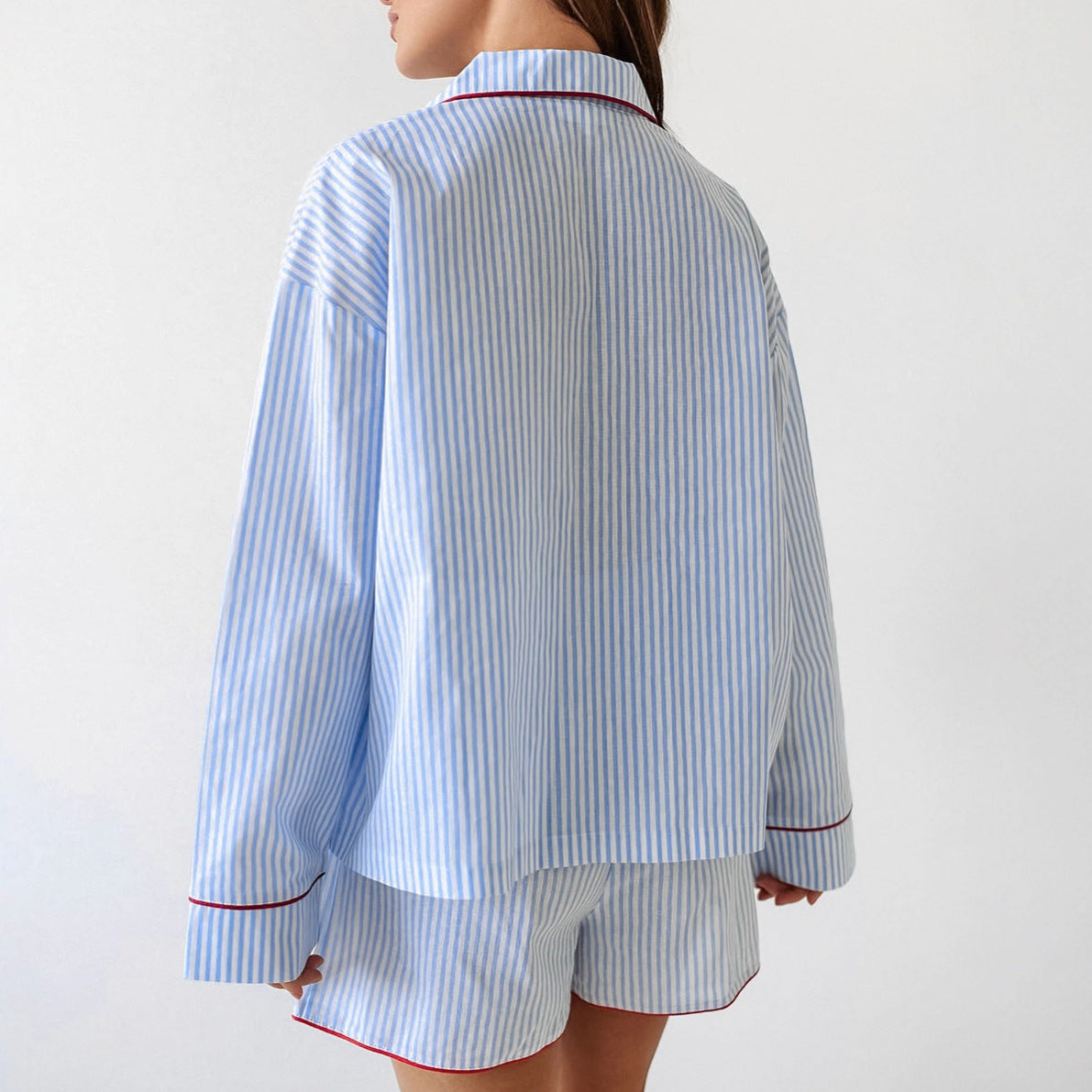 Loose-fitting Cotton Striped Contrast-color Long-sleeve Top And Shorts Pajama Set