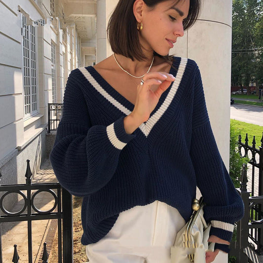 Casual Stitching Contrast Color Slim Loose Women's Sweater