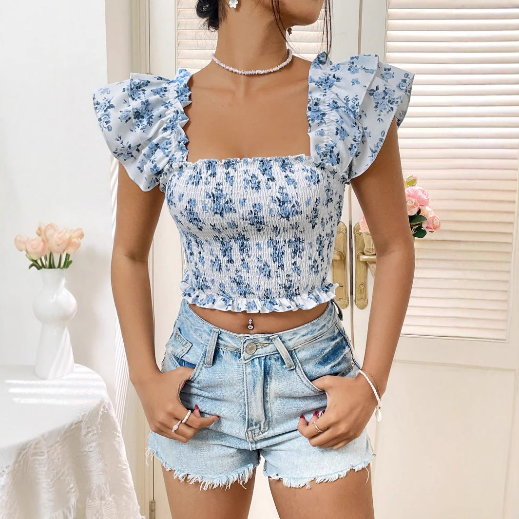 European And American Instagram-style Summer Floral-print Square-neck Top With Puff Sleeves For Women