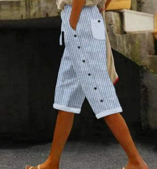 New Cotton And Linen Solid Color Casual Pocket With Buttons Cropped Casual Pants