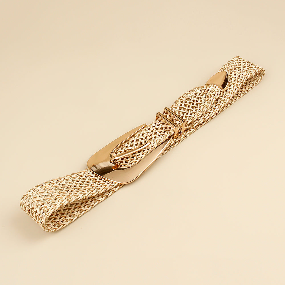 Summer New Ladies Belt PP Grass Gold Hand-woven Belt with Irregular Metal Buckle Waist Seal