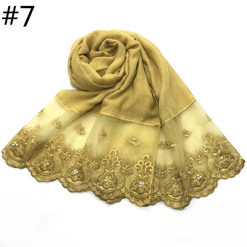 Cotton And Linen Solid Color Scarf, Two-end Lace, Set Pearl Toe Cap Scarf