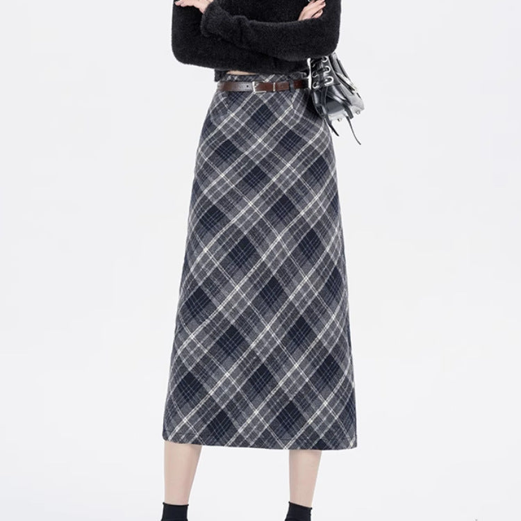 High Waist Mid-length Woolen Plaid Skirt For Women