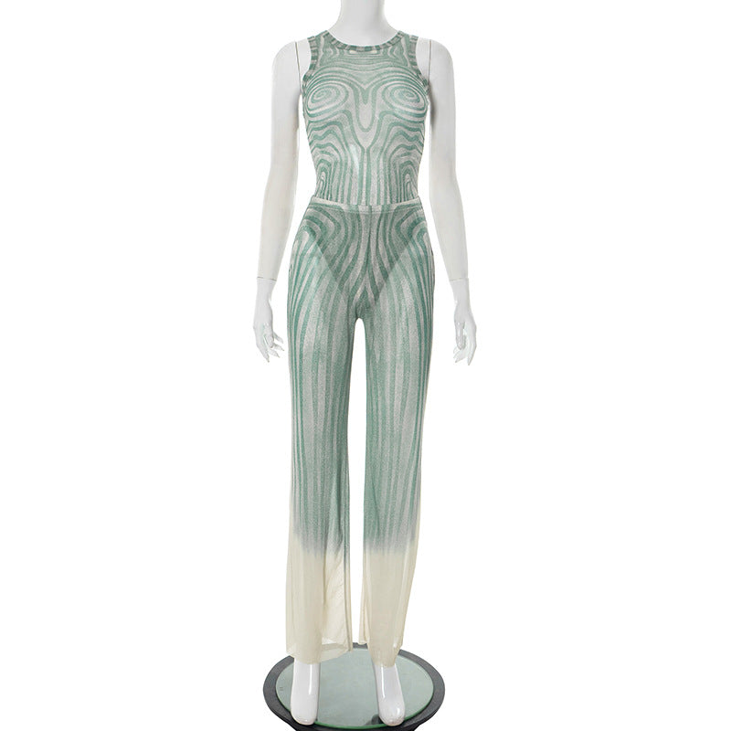 Bodycon Romper With A Geometric Print Round Neck And Sleeveless Design