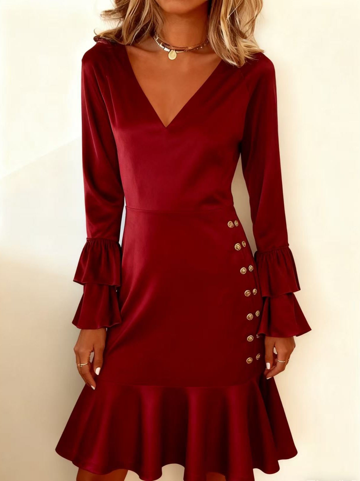 Fashionable Womens Dress With Flared Sleeves And A V-Neck