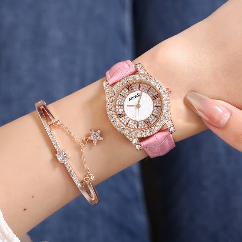 Women's Diamond-embedded Roman Face Simple Fashion All-match Quartz Watch Gift Box