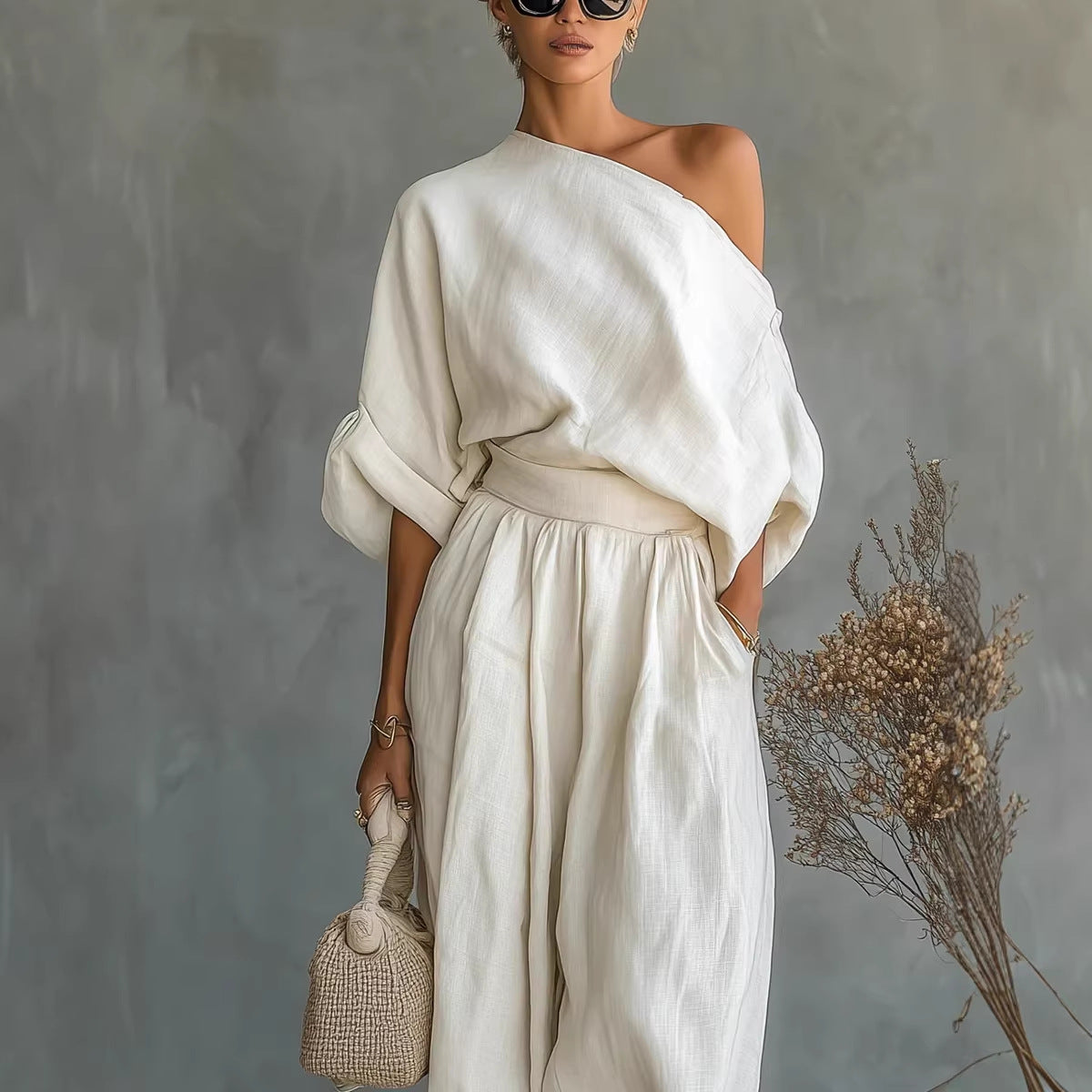 Ensfarvet elegant off-shoulder top og løse bukser todelt sæt til kvinder