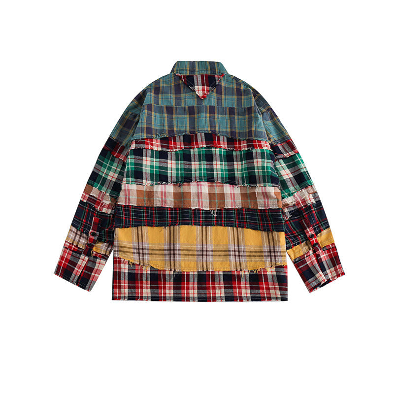 Loose Long Sleeve Shirt Men's Stitching Plaid