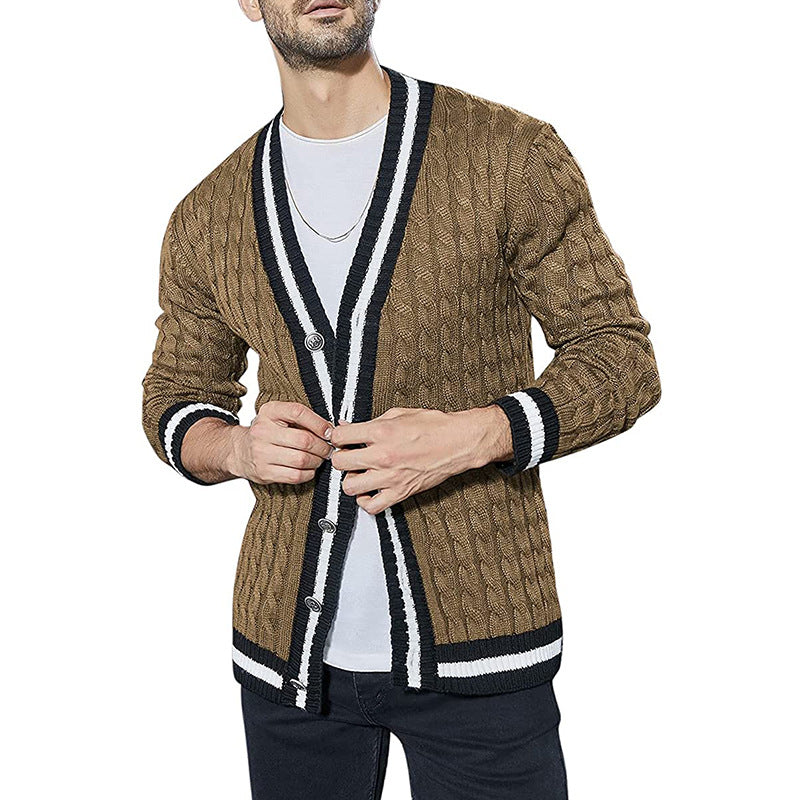 Strikket sweaterjakke til mænd med farveblokke og lange ærmer