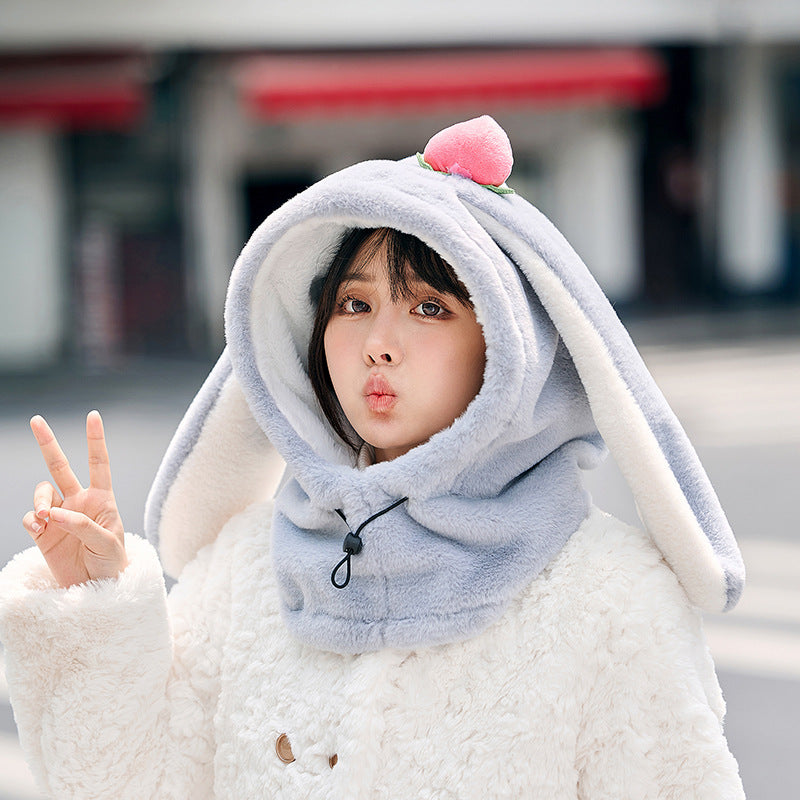 Winter Warm Peach Rabbit Mask Hat Scarf Integrated