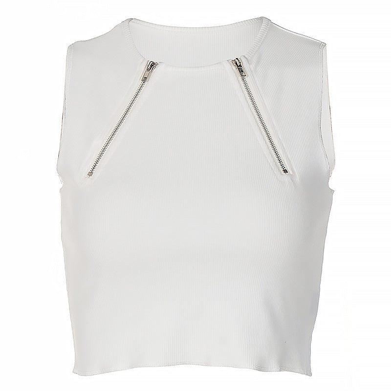 Dame Forår Sommer Mode Lynlås Slank Ærmeløs Rundhals Tanktop