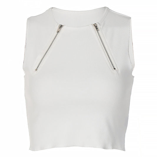 Women's Spring Summer Fashion Zip Slim Sleeveless Crewneck Tank Top
