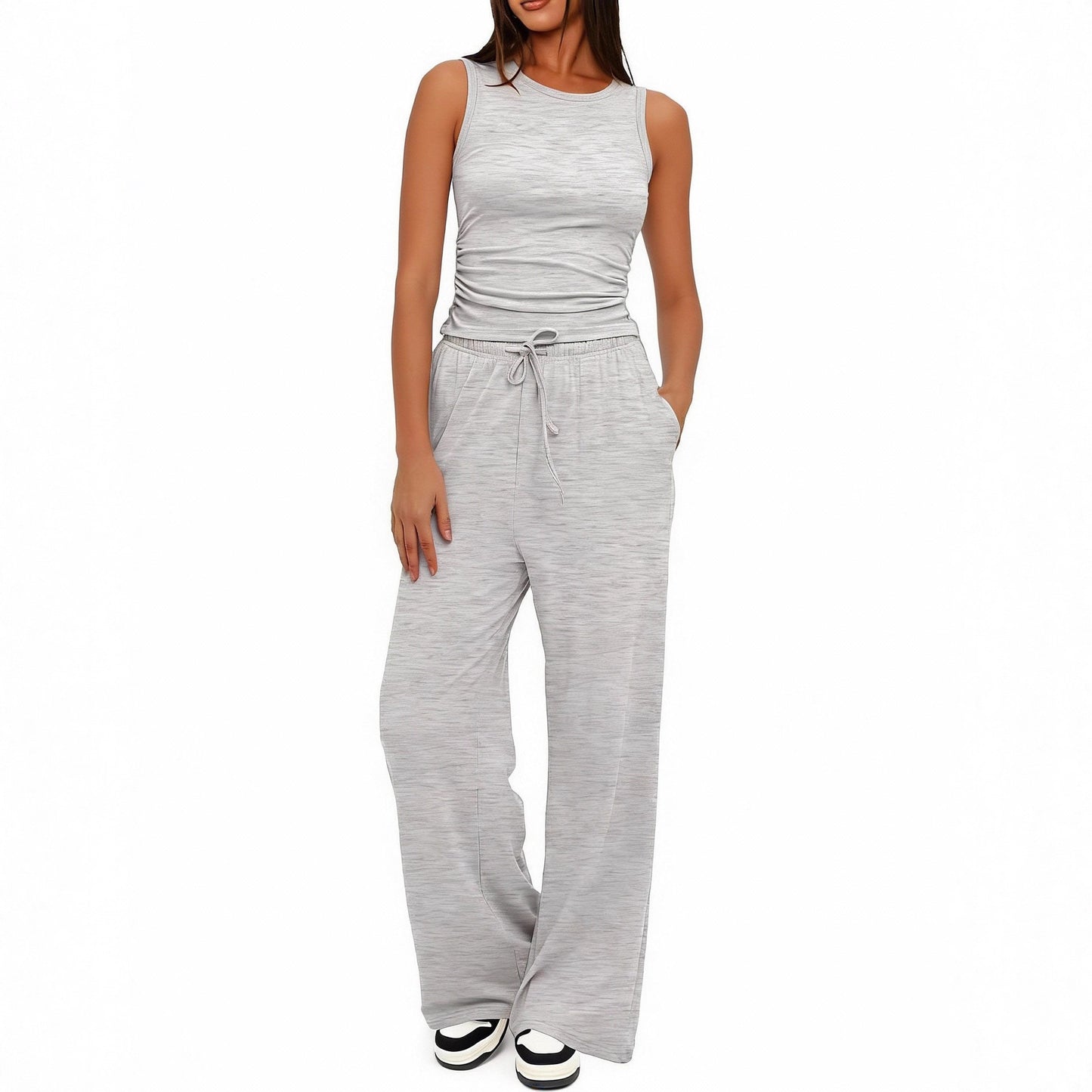 Sleeveless Crewneck Pleated Vest And High-waisted Wide-leg Pants Set
